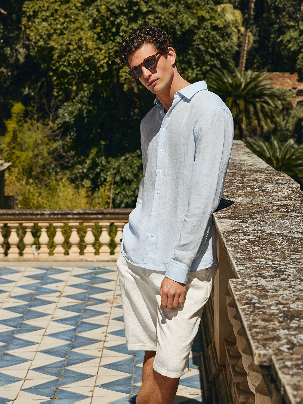 Ekru Standart Kalıp Keten Görünümlü Erkek Şort-1