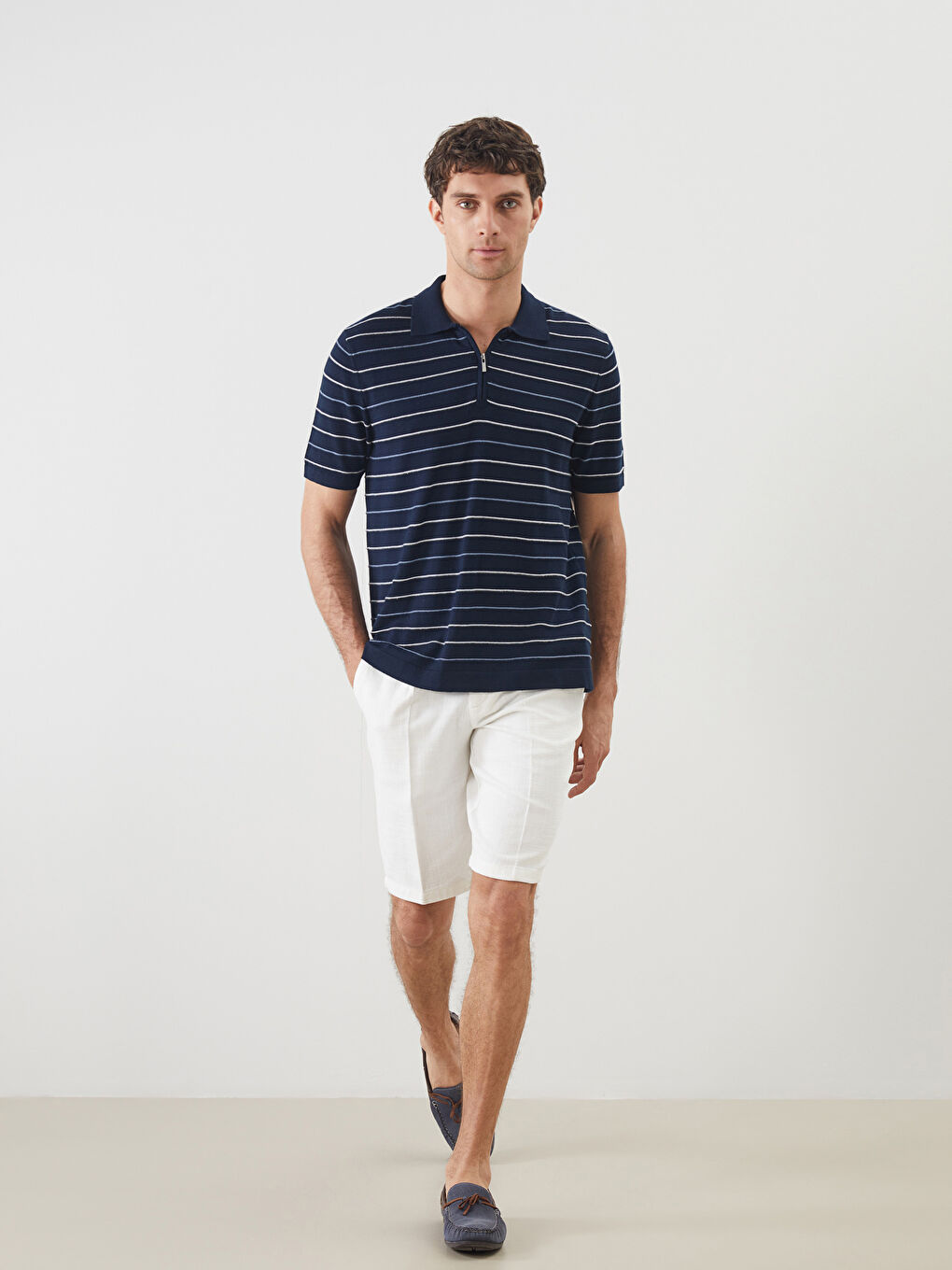 Ekru Standart Kalıp Keten Görünümlü Erkek Şort-2