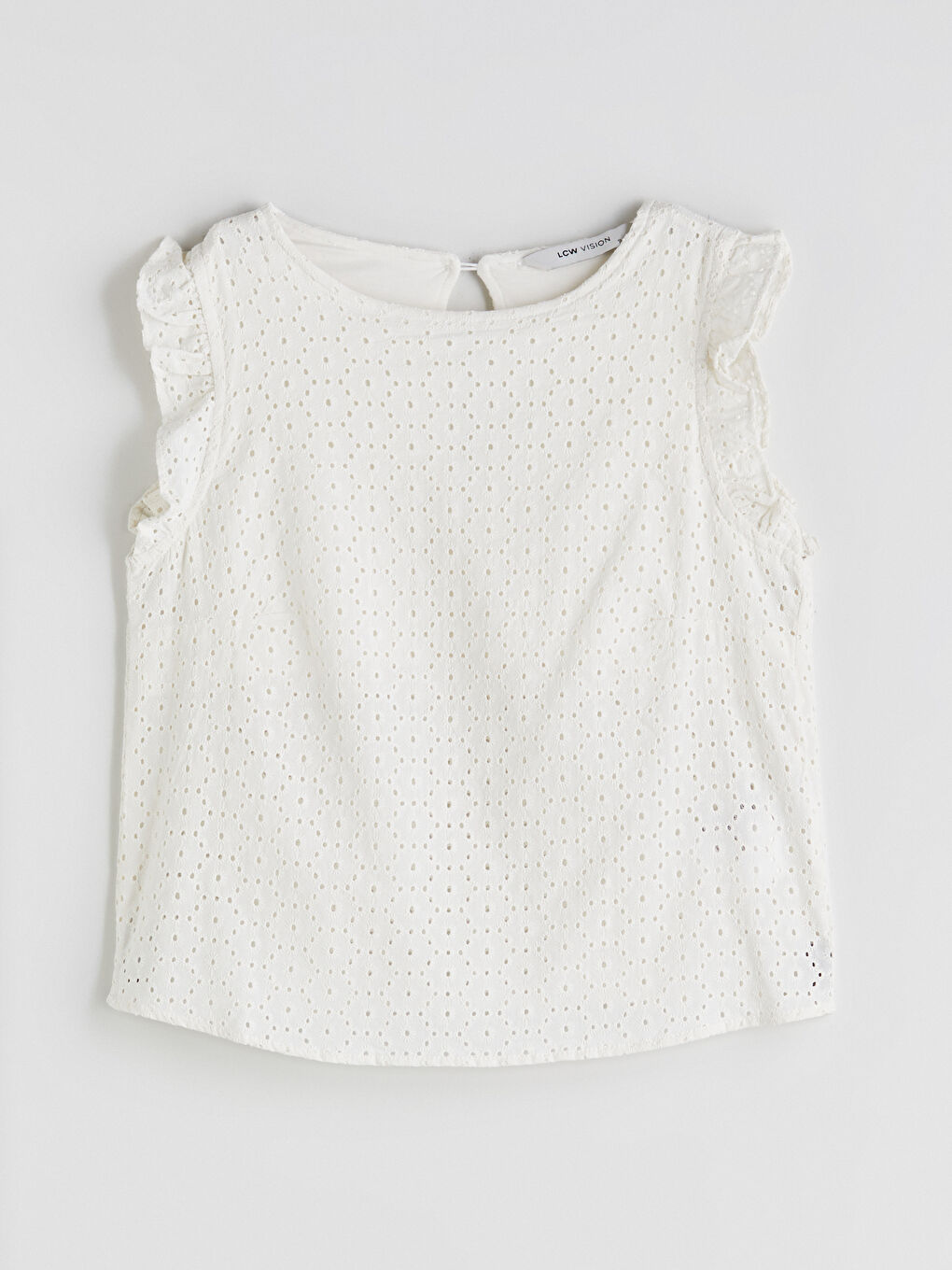 Crew Neck Hole-Knitted Frilled Broderie Blouse-4