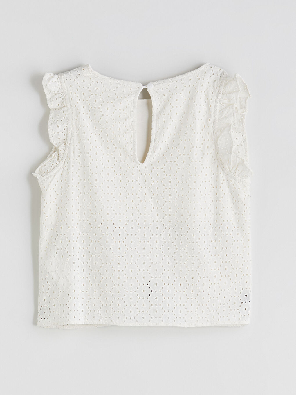 Crew Neck Hole-Knitted Frilled Broderie Blouse-5