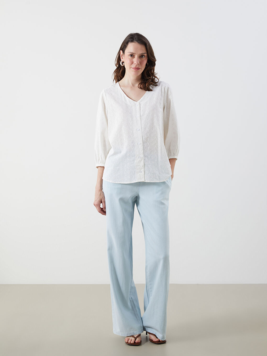 V-Neck Hole-Knitted Broderie Blouse-1