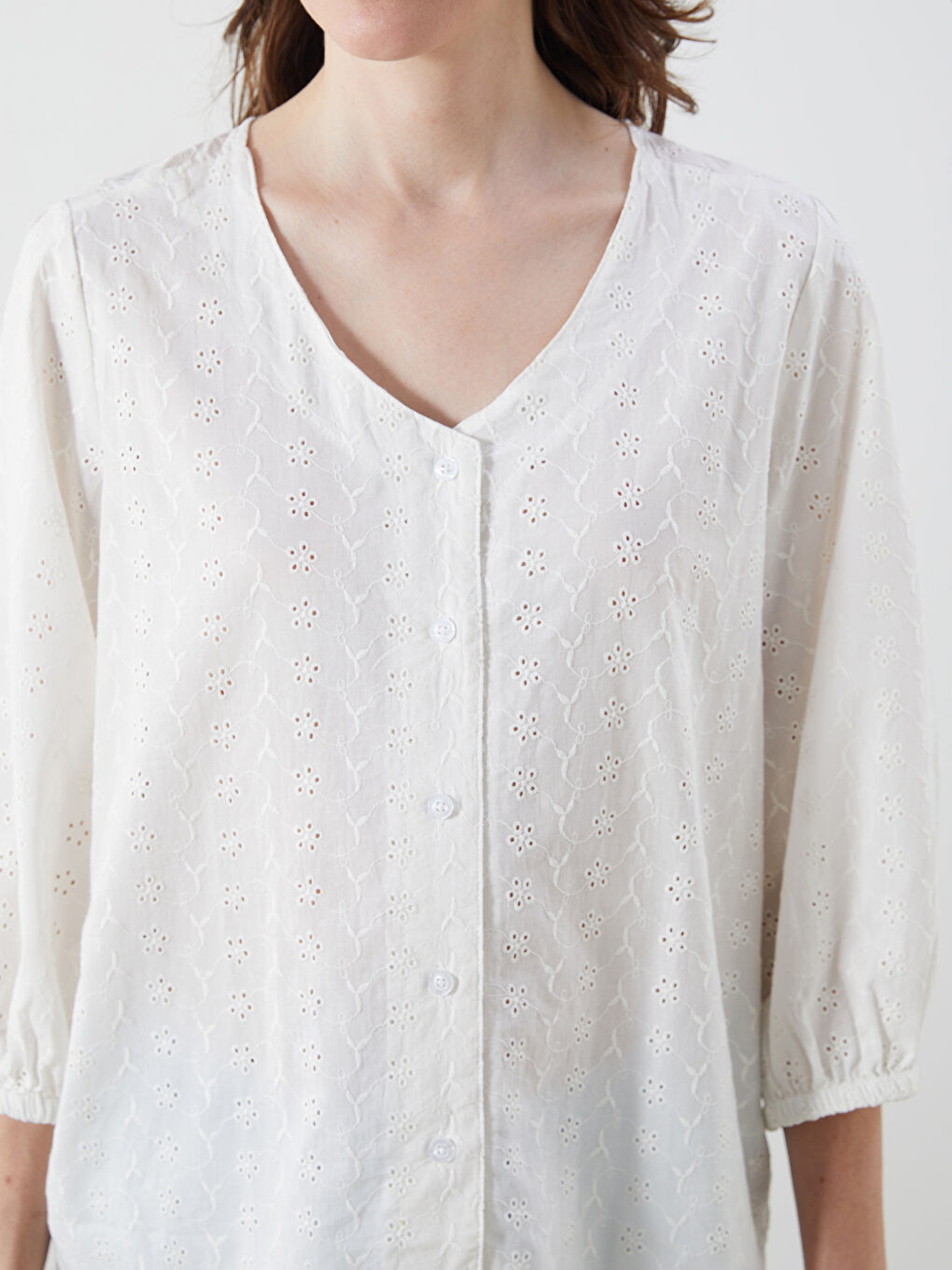 V-Neck Hole-Knitted Broderie Blouse-2