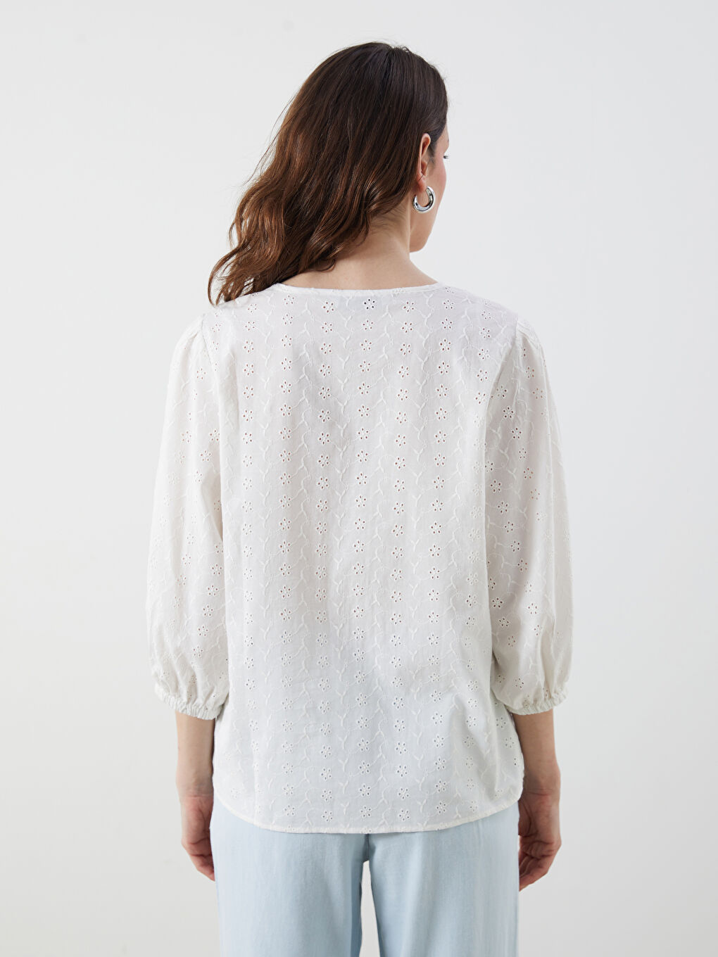 V-Neck Hole-Knitted Broderie Blouse-3