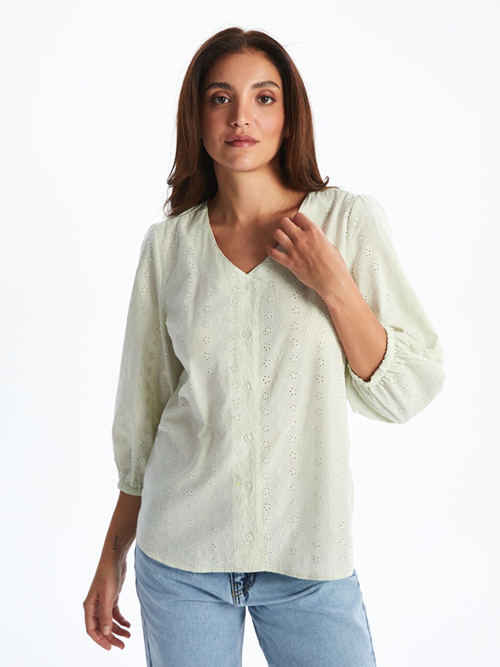 V-Neck Hole-Knitted Broderie Blouse