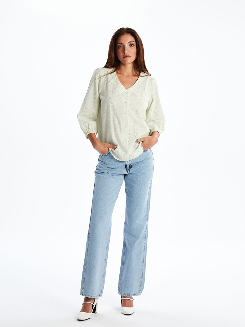 V-Neck Hole-Knitted Broderie Blouse-1