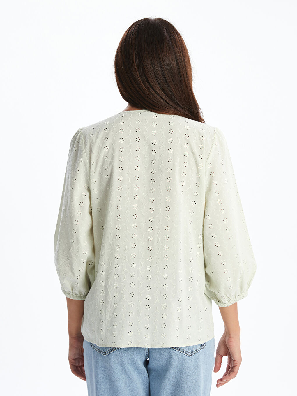 V-Neck Hole-Knitted Broderie Blouse-3