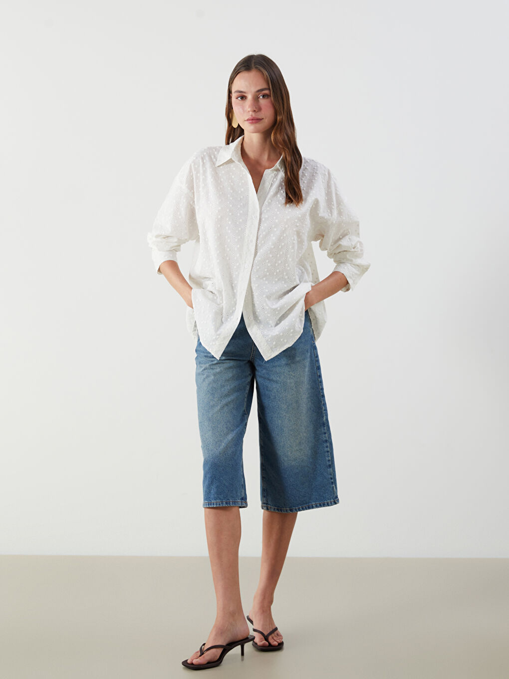 Hole-Knitted Oversize Broderie Women's Shirt-1