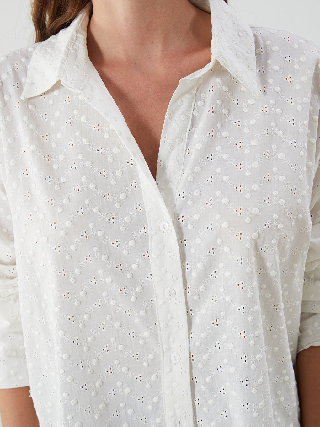 Hole-Knitted Oversize Broderie Women's Shirt-2