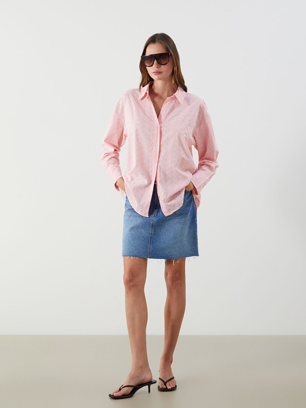 Hole-Knitted Oversize Broderie Women's Shirt-1