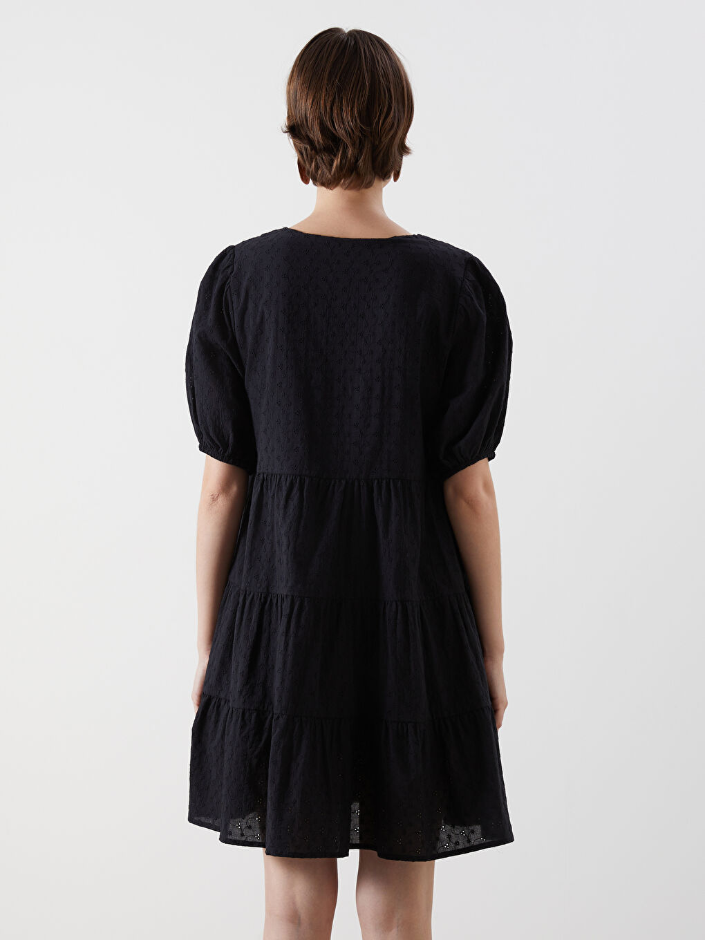 V-Neck Hole-Knitted Balloon Sleeve A-Line Broderie Dress-3