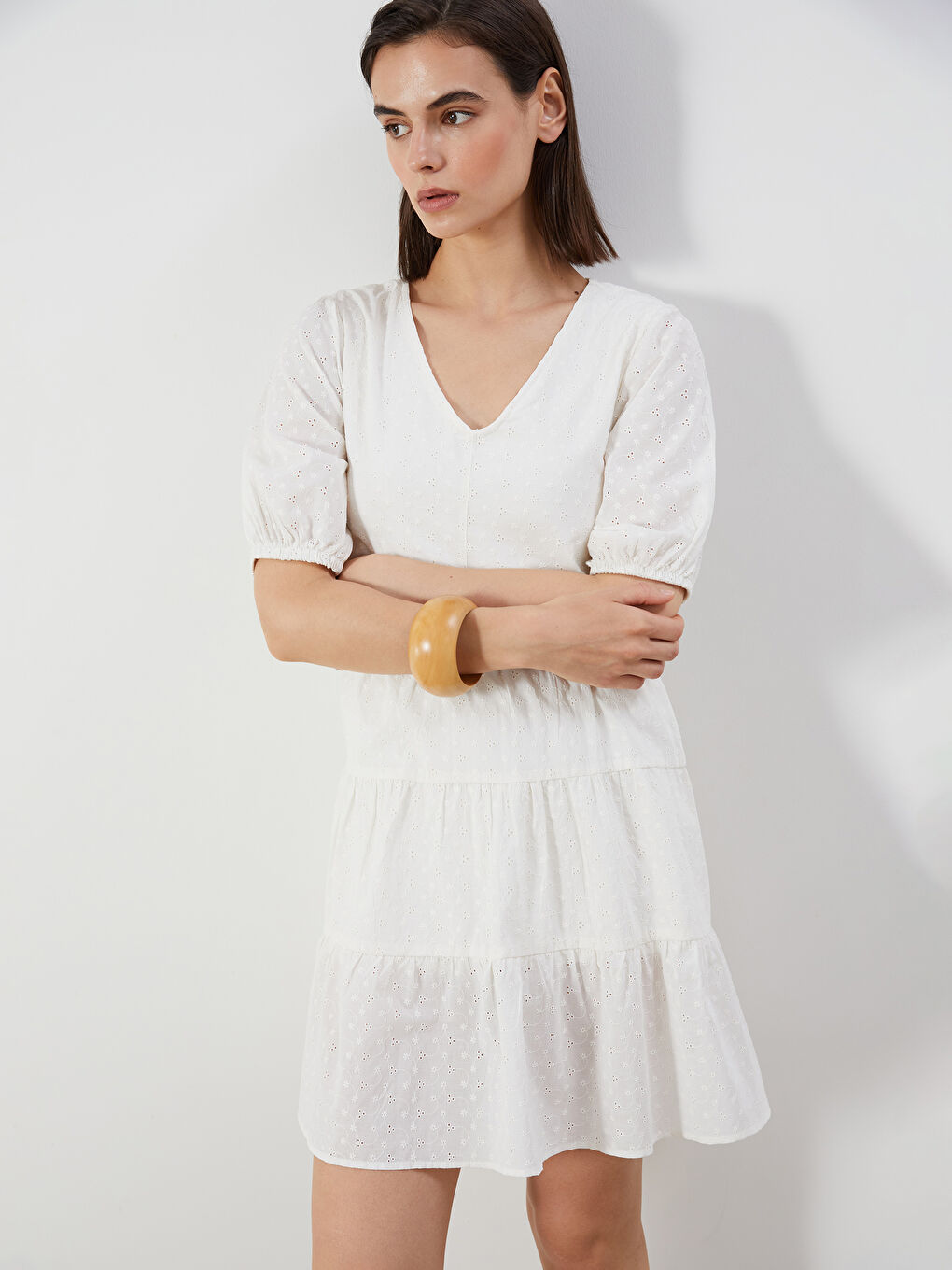 V-Neck Hole-Knitted Balloon Sleeve A-Line Broderie Dress