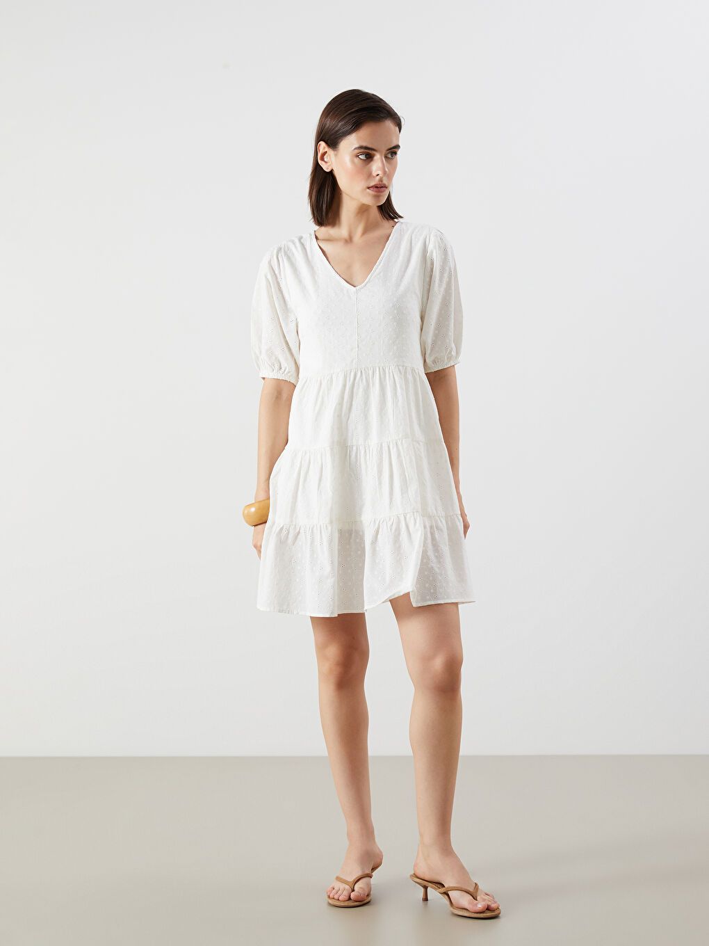 V-Neck Hole-Knitted Balloon Sleeve A-Line Broderie Dress-1