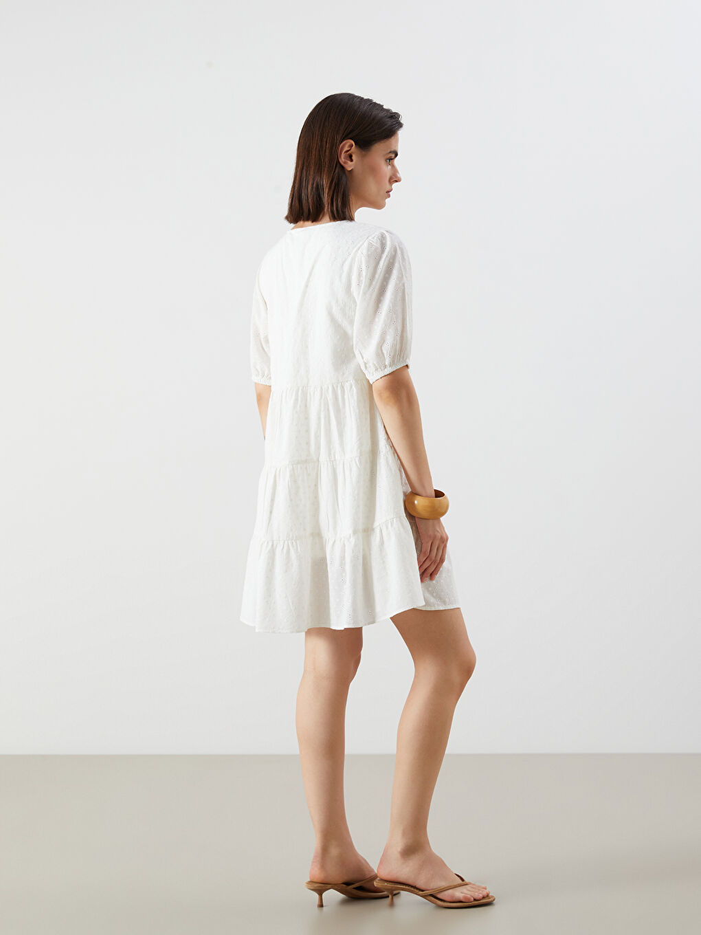 V-Neck Hole-Knitted Balloon Sleeve A-Line Broderie Dress-3