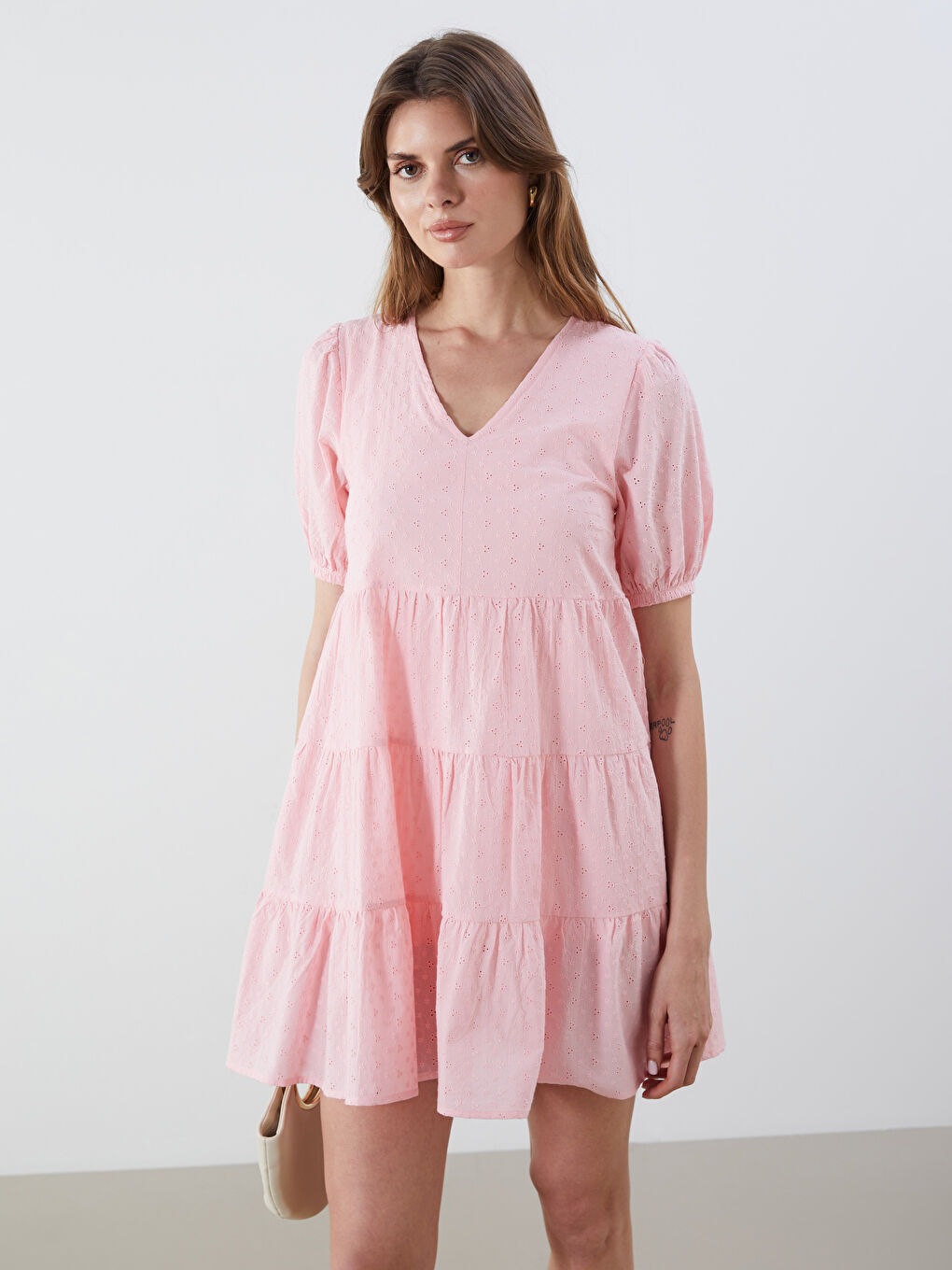 V-Neck Hole-Knitted Balloon Sleeve A-Line Broderie Dress-1