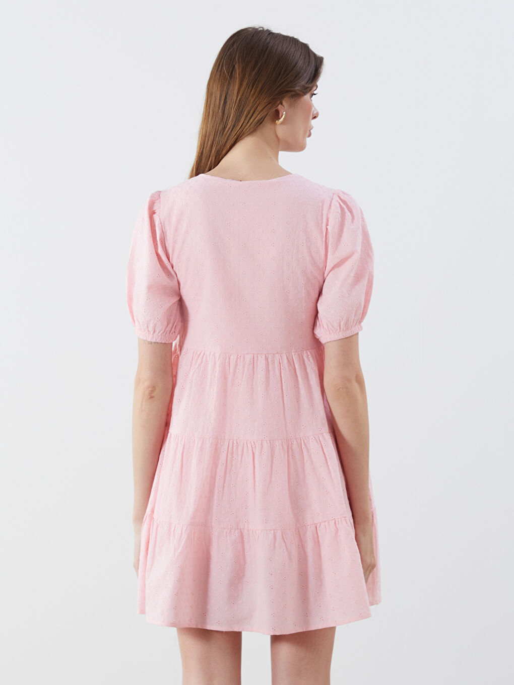 V-Neck Hole-Knitted Balloon Sleeve A-Line Broderie Dress-3