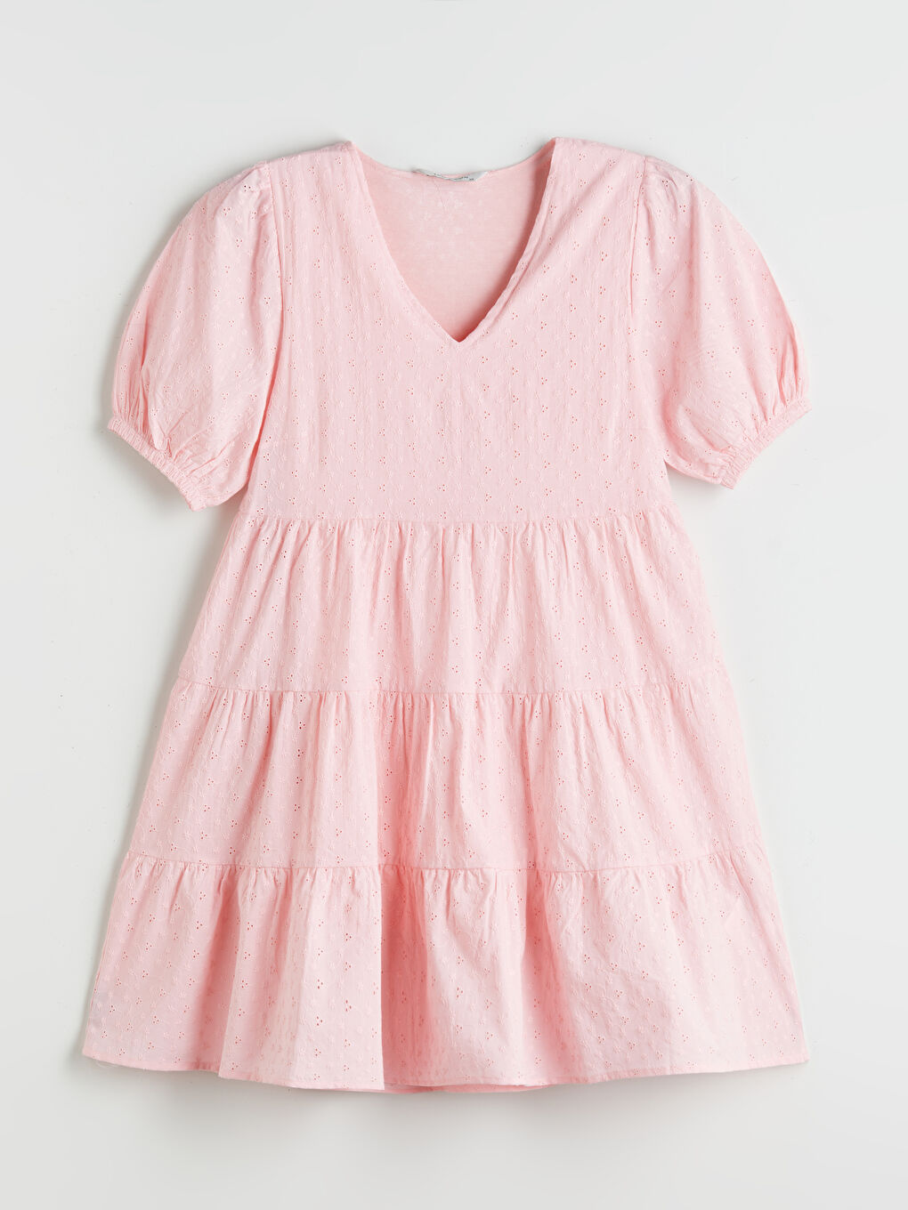 V-Neck Hole-Knitted Balloon Sleeve A-Line Broderie Dress-4