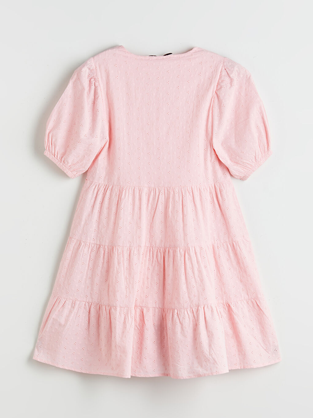 V-Neck Hole-Knitted Balloon Sleeve A-Line Broderie Dress-5