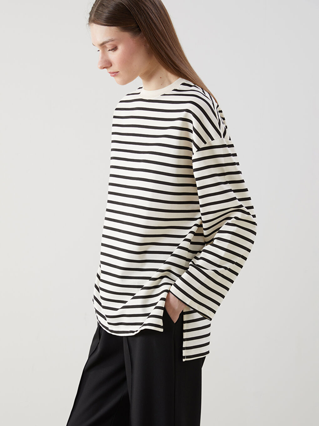 Siyah Çizgili Oversize Kadın Sweatshirt Tunik