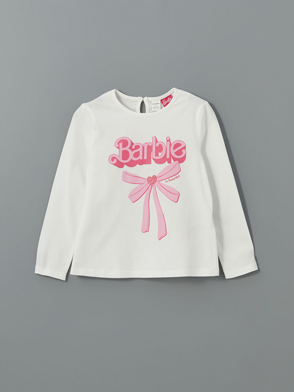 Ekru Bisiklet Yaka Barbie Baskılı Kız Çocuk Tişört