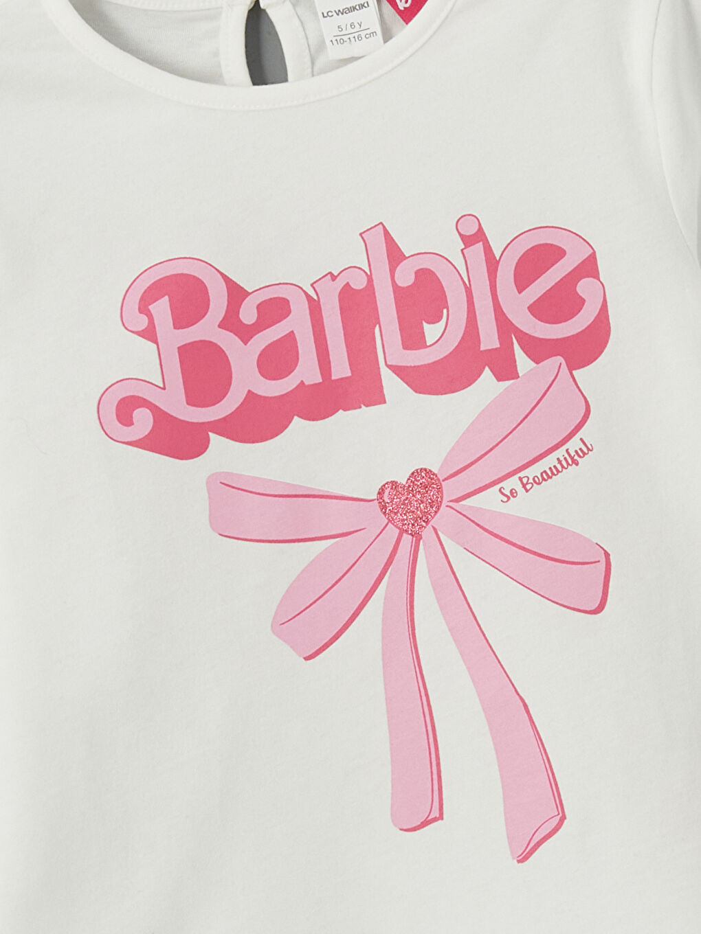 Ekru Bisiklet Yaka Barbie Baskılı Kız Çocuk Tişört-1