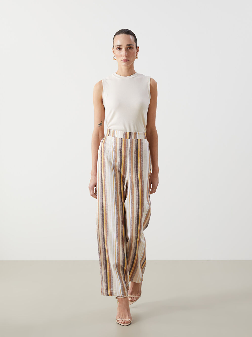 Elastic Waist Striped Linen Blend Women's Trousers -S5KQ81Z8-LEW