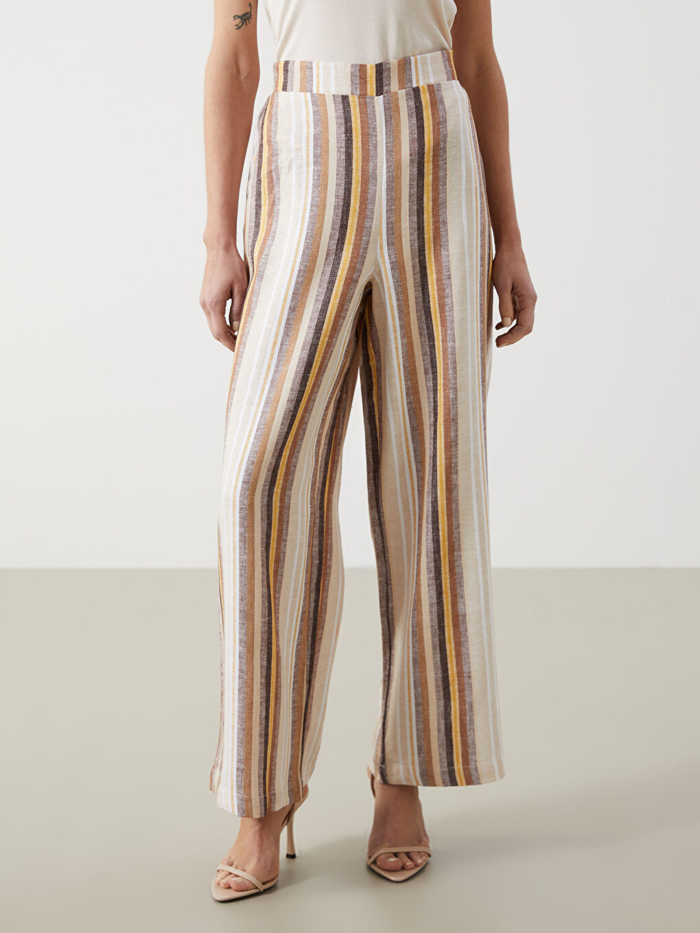 Elastic Waist Striped Linen Blend Women's Trousers -S5KQ81Z8-LEW