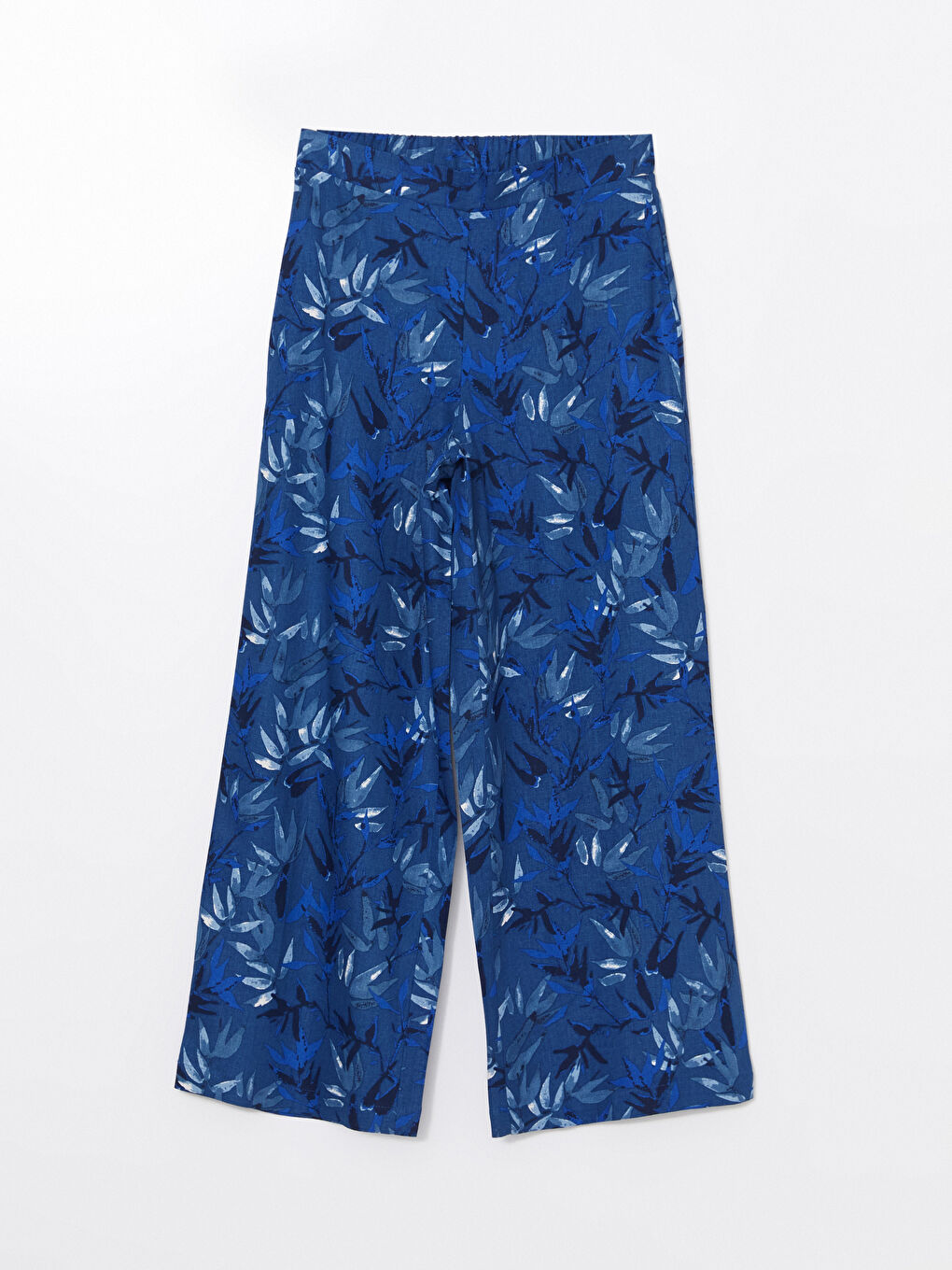 Mavi Beli Lastikli Desenli Keten Karışımlı Kadın Pantolon-4