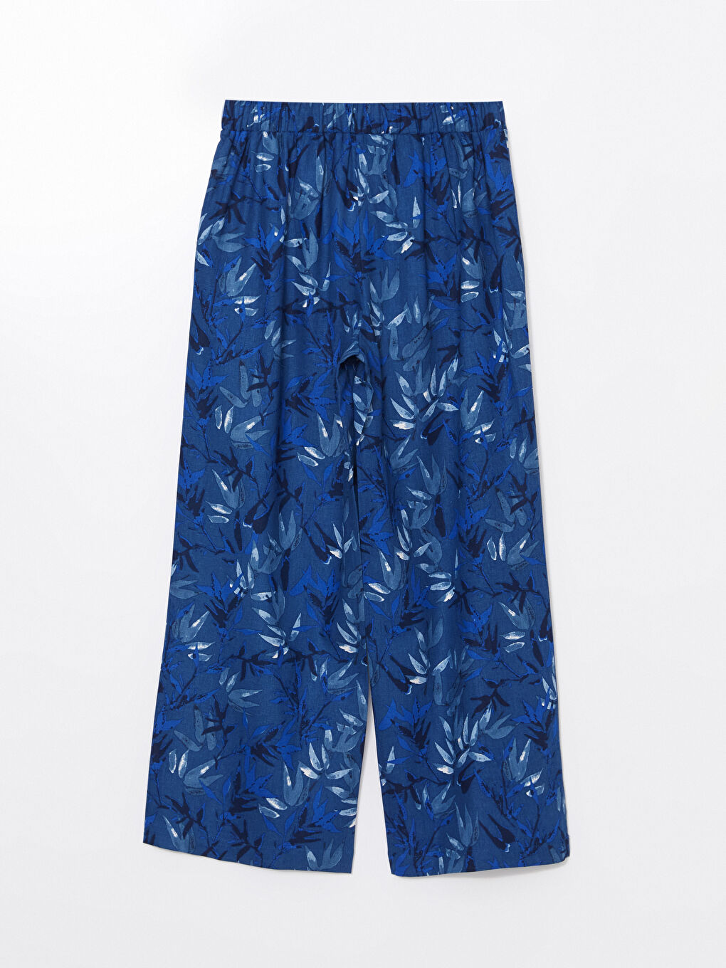 Mavi Beli Lastikli Desenli Keten Karışımlı Kadın Pantolon-5