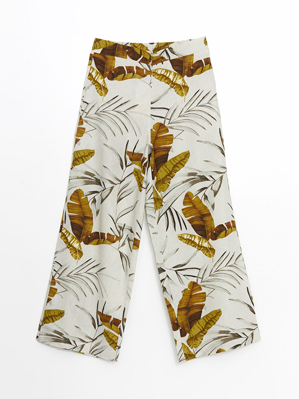 Ekru Beli Lastikli Desenli Keten Karışımlı Kadın Pantolon-4