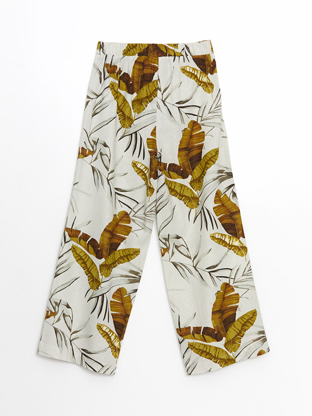 Ekru Beli Lastikli Desenli Keten Karışımlı Kadın Pantolon-5