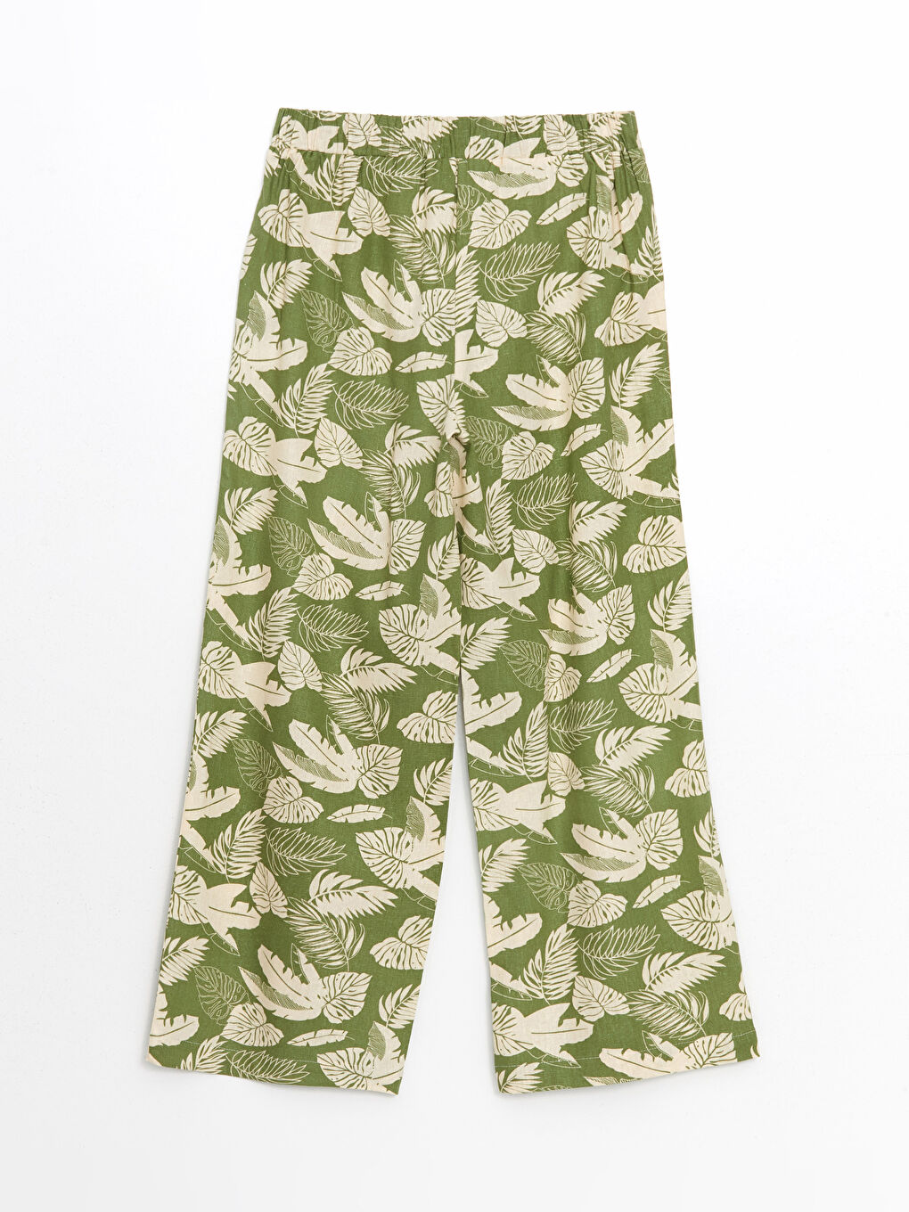 Yeşil Beli Lastikli Çiçekli Keten Karışımlı Kadın Pantolon-5