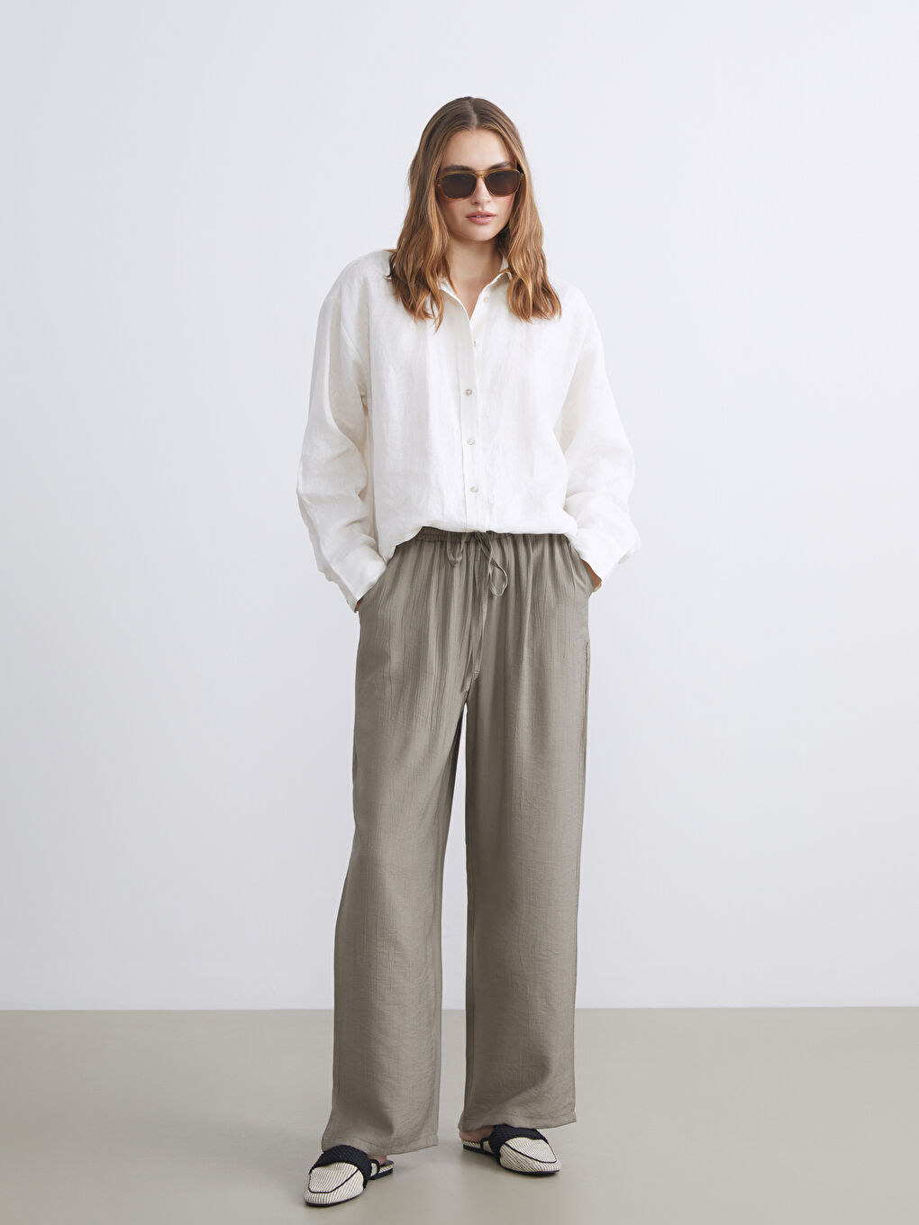 Elasticated Waist Textured Wide Leg Women's Trousers