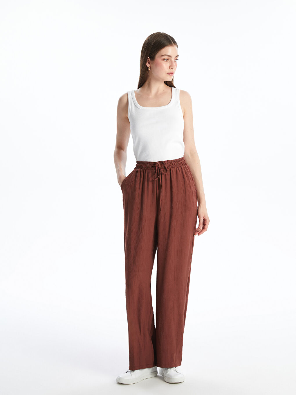LCWAIKIKI Classic Elasticated Waist Textured Wide Leg Women's Trousers -S5KQ96Z8-HFD
