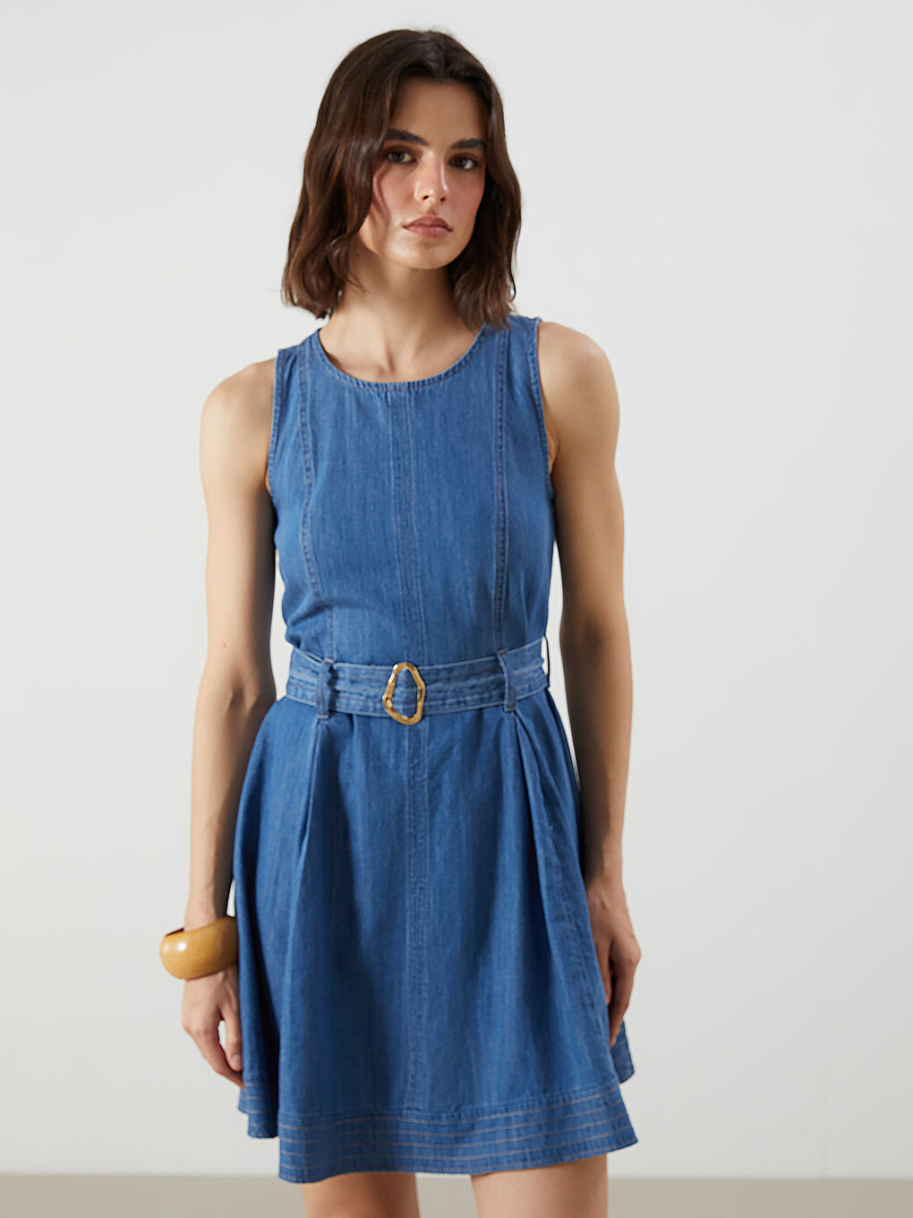 İndigo Bisiklet Yaka Belden Oturtmalı Mini Jean Elbise-1