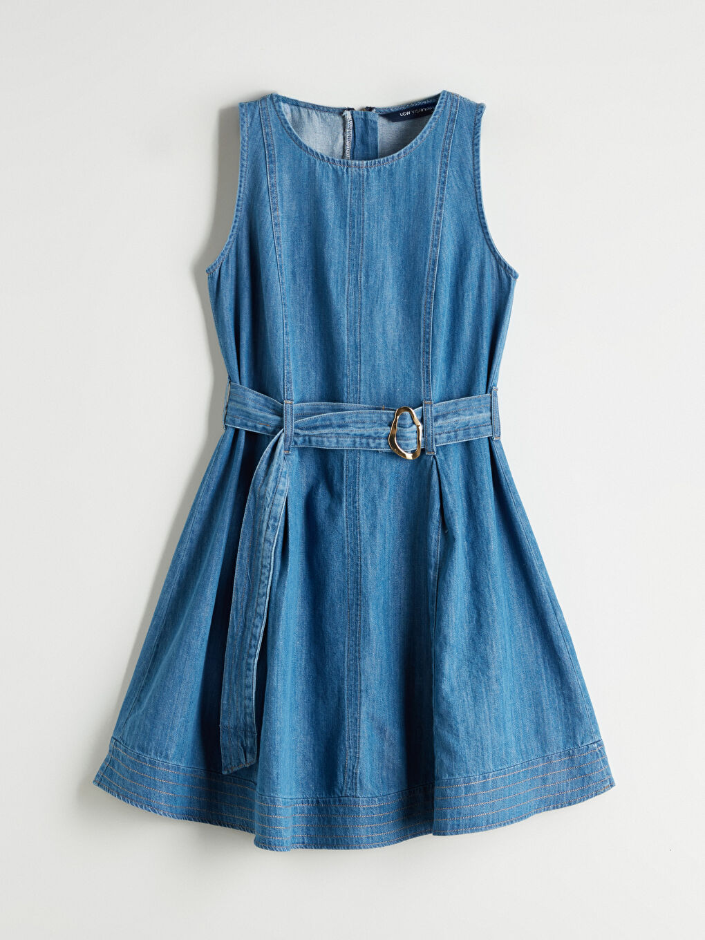 İndigo Bisiklet Yaka Belden Oturtmalı Mini Jean Elbise-4