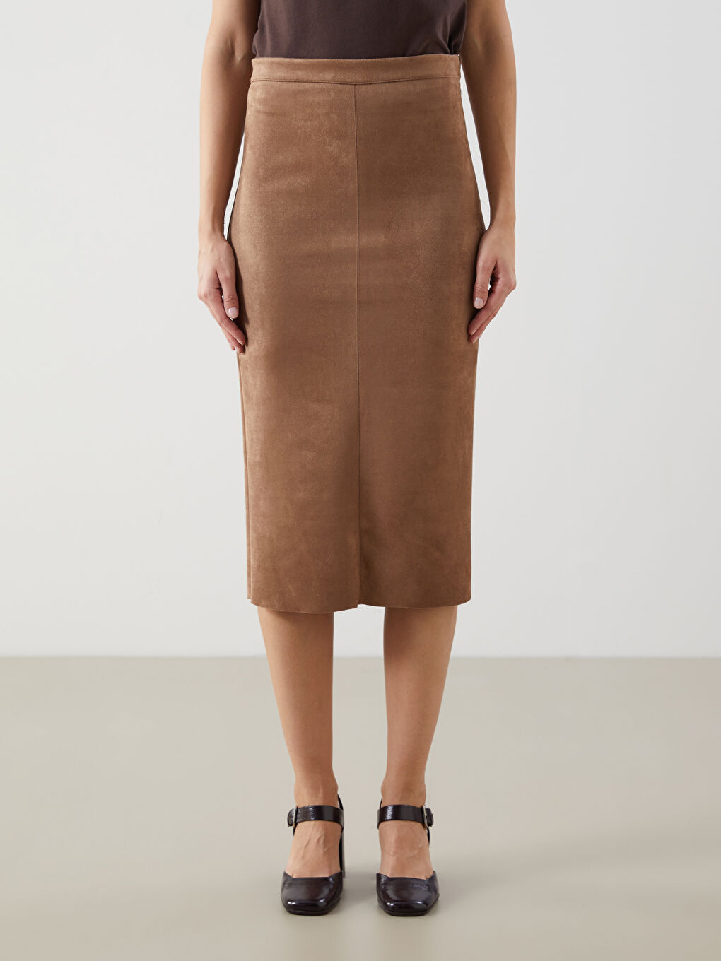 Kahverengi Beli Fermuarlı Süet Kadın Etek-1