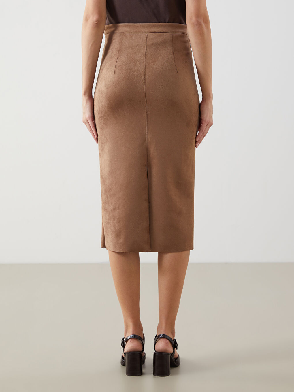 Kahverengi Beli Fermuarlı Süet Kadın Etek-3