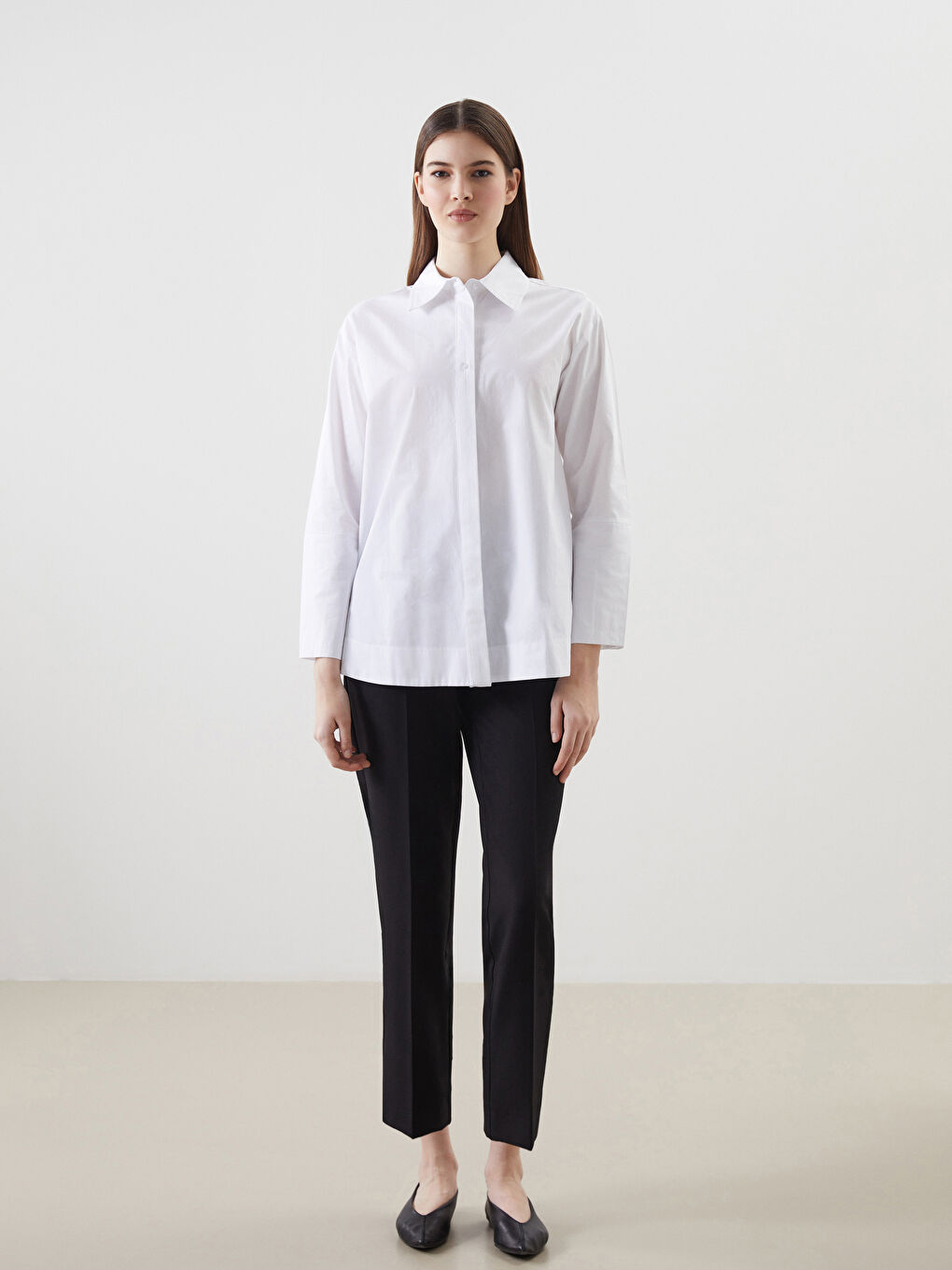 Beyaz Düz Poplin Kadın Gömlek Tunik-1