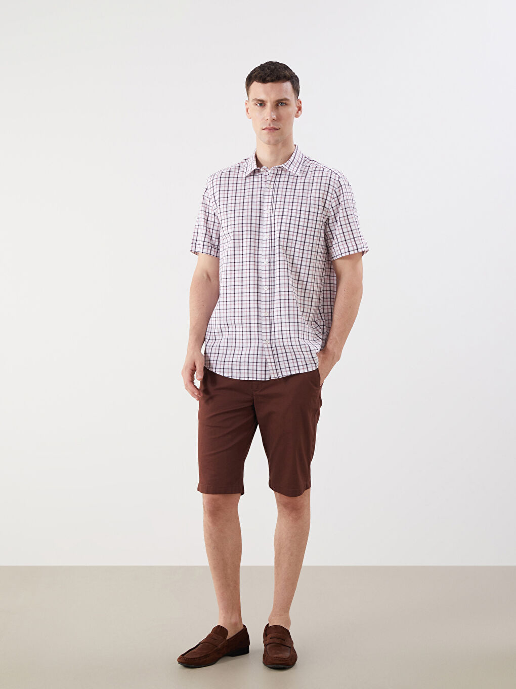 Kırmızı Regular Fit Kısa Kollu Ekose Poplin Erkek Gömlek-1