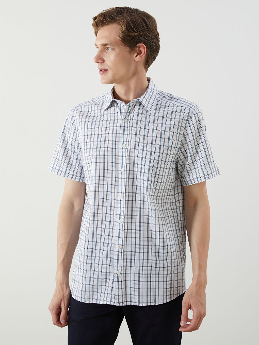 Beyaz Regular Fit Kısa Kollu Ekose Poplin Erkek Gömlek-1