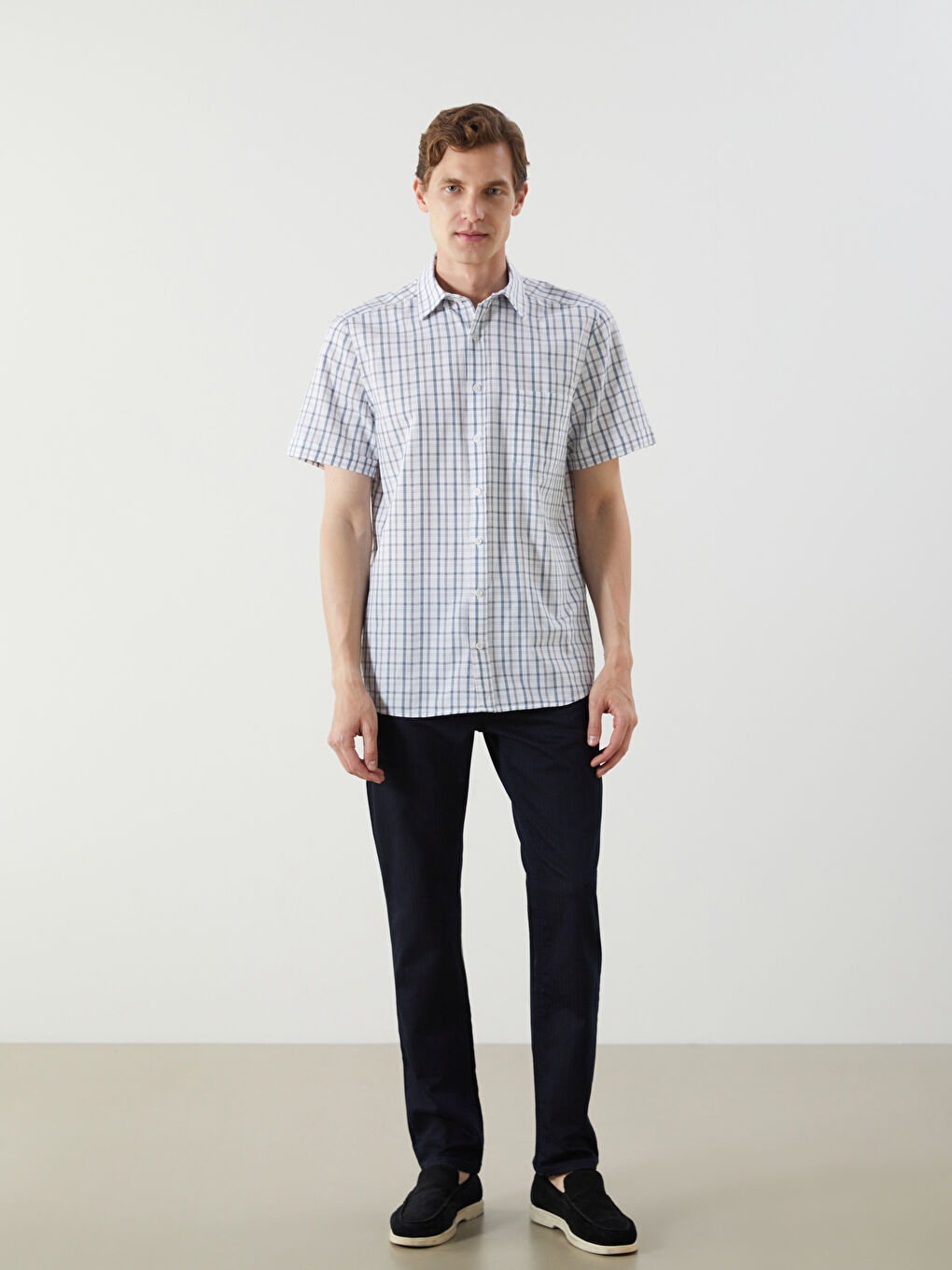 Beyaz Regular Fit Kısa Kollu Ekose Poplin Erkek Gömlek-3