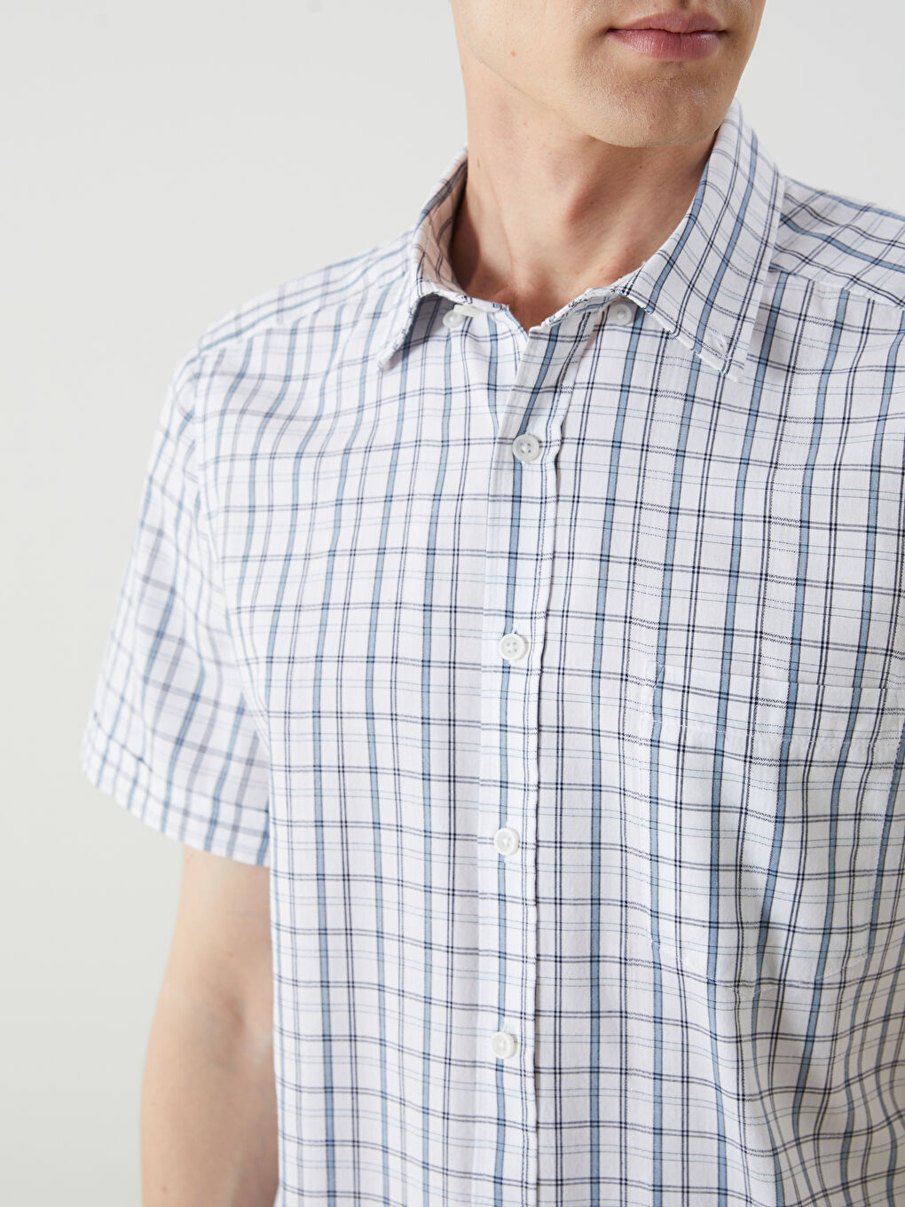 Beyaz Regular Fit Kısa Kollu Ekose Poplin Erkek Gömlek-5