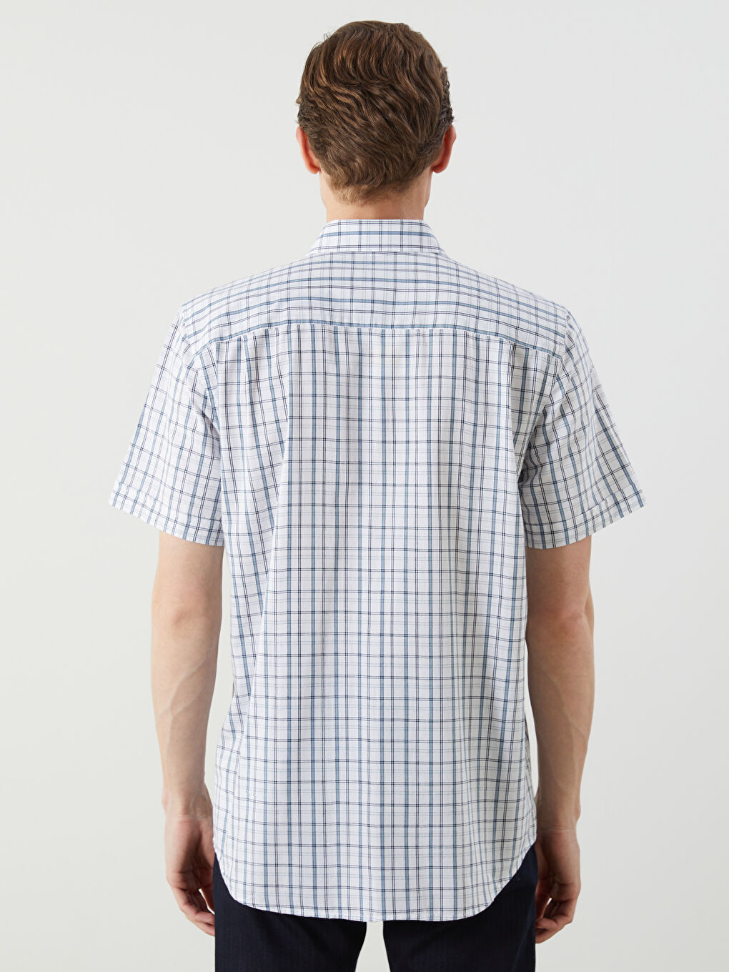 Beyaz Regular Fit Kısa Kollu Ekose Poplin Erkek Gömlek-7