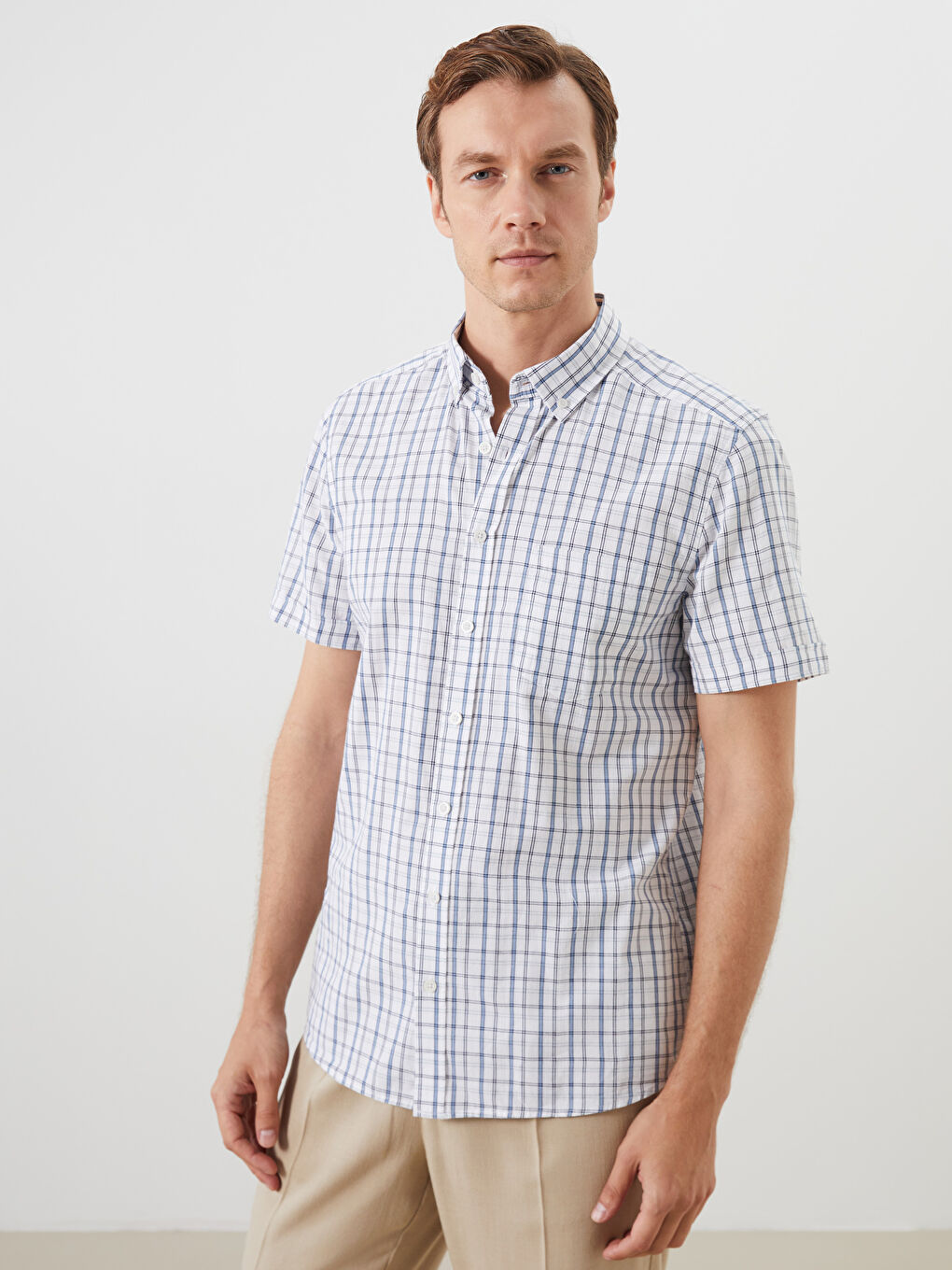 Beyaz Regular Fit Kısa Kollu Ekose Poplin Erkek Gömlek