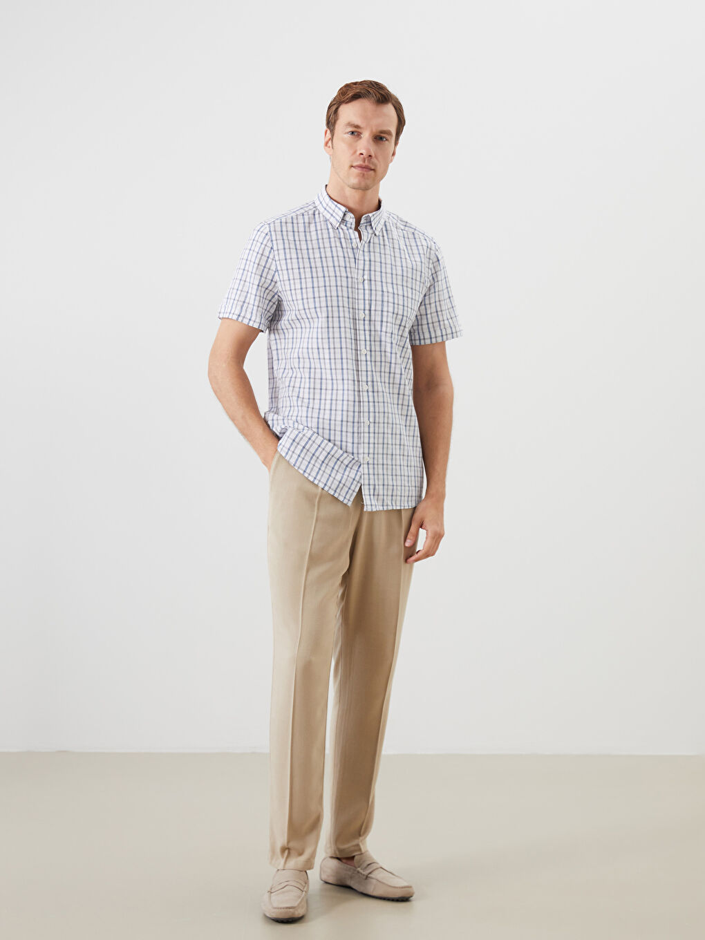 Beyaz Regular Fit Kısa Kollu Ekose Poplin Erkek Gömlek-2