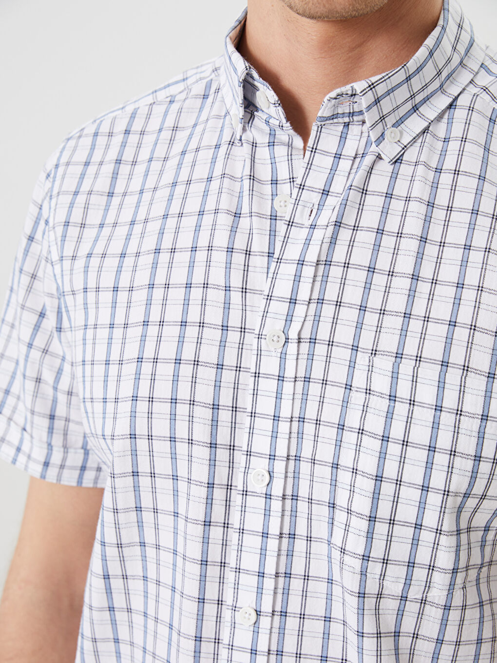 Beyaz Regular Fit Kısa Kollu Ekose Poplin Erkek Gömlek-4