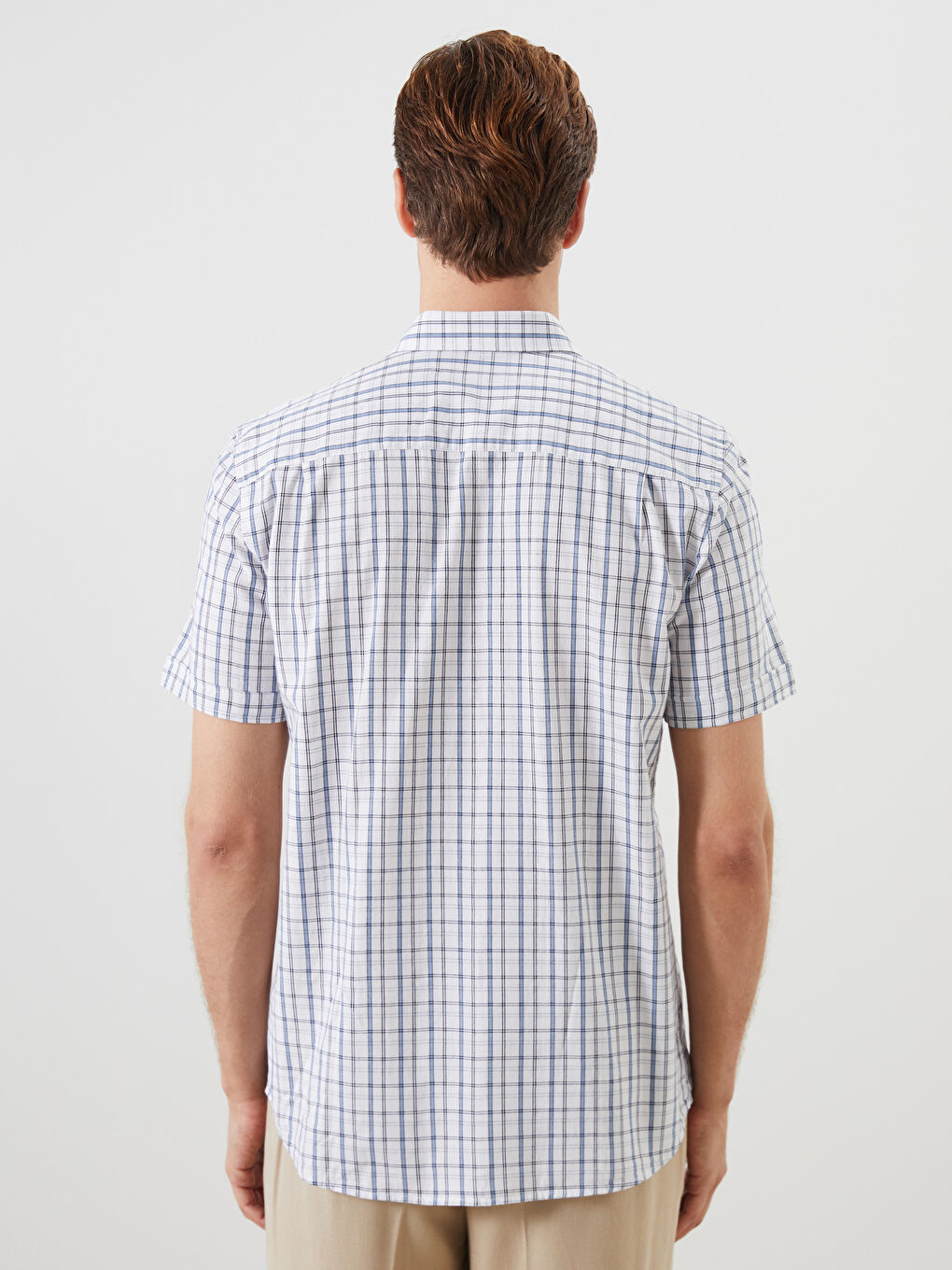 Beyaz Regular Fit Kısa Kollu Ekose Poplin Erkek Gömlek-6