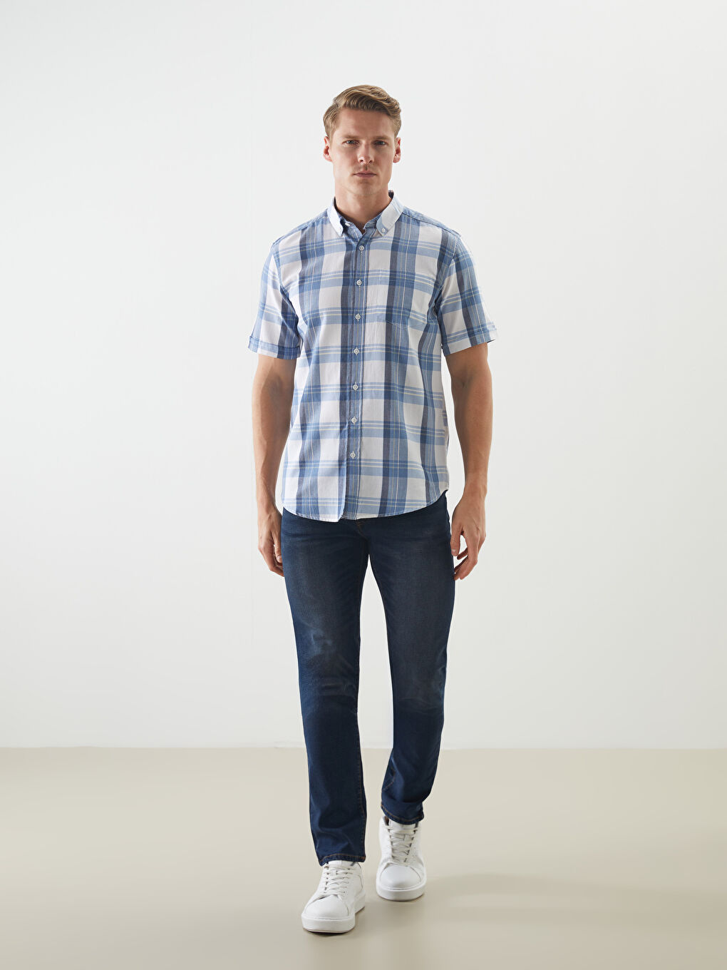 Mavi Regular Fit Kısa Kollu Ekose Gabardin Erkek Gömlek-1