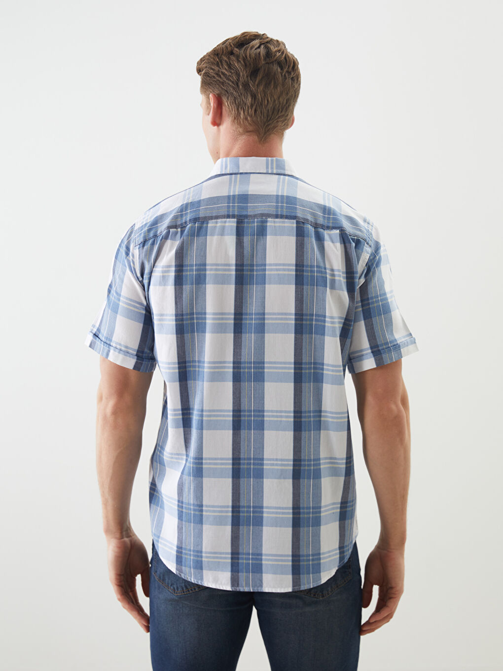 Mavi Regular Fit Kısa Kollu Ekose Gabardin Erkek Gömlek-3