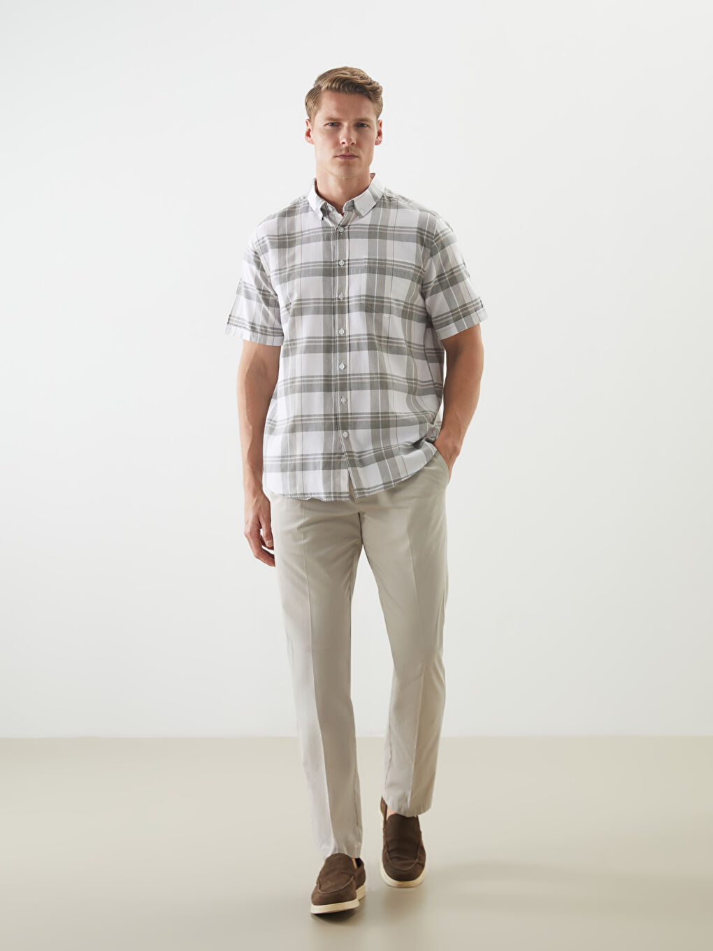 Yeşil Regular Fit Kısa Kollu Ekose Gabardin Erkek Gömlek-1